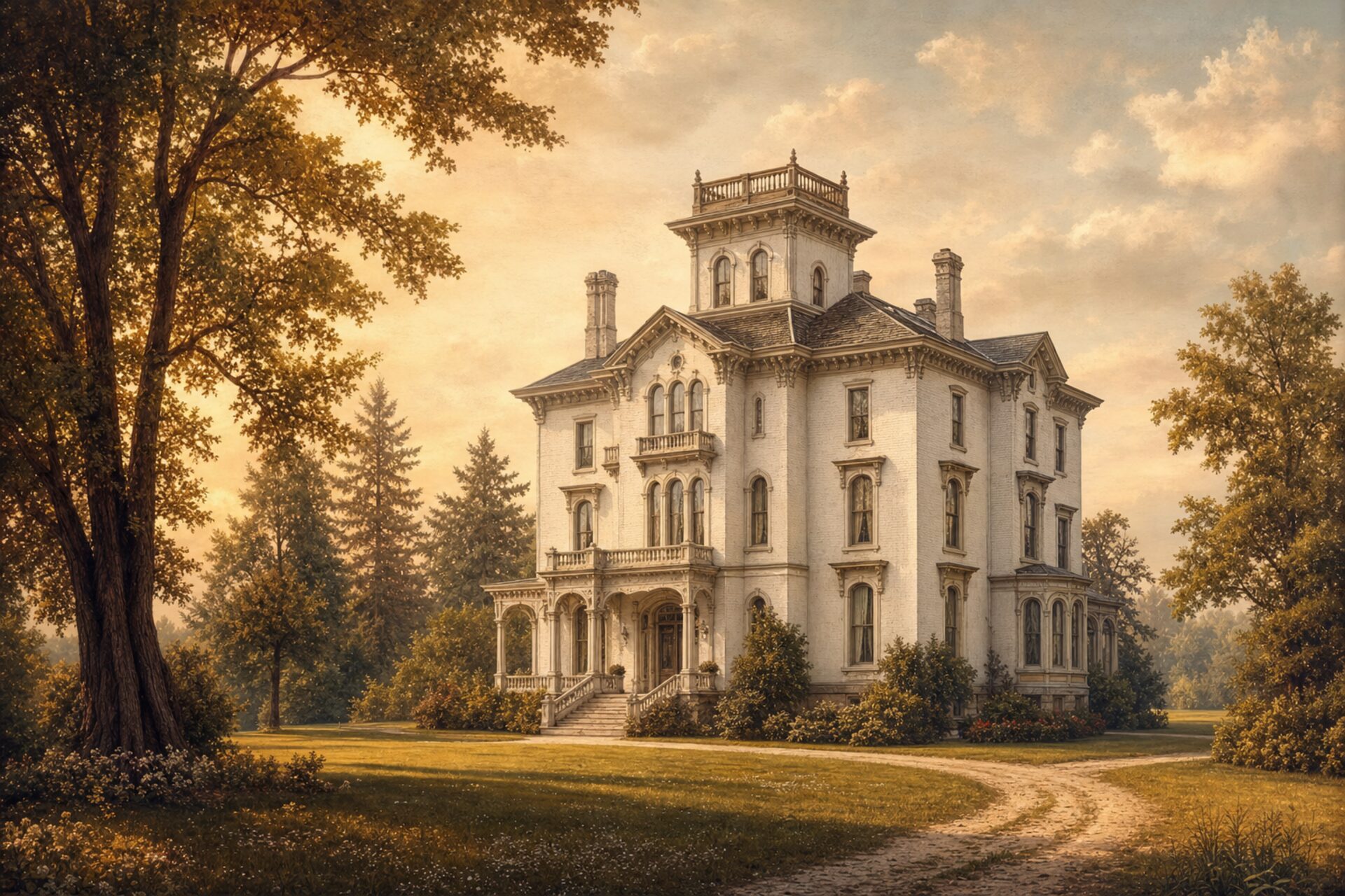 A painterly depiction of The Gore, the white-brick Victorian Goldie estate at Ayr